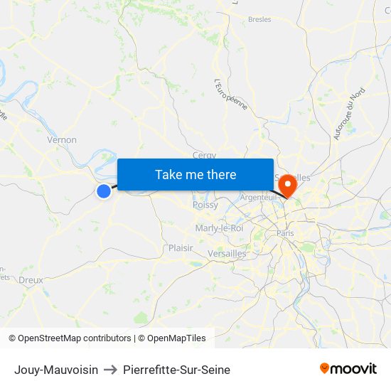 Jouy-Mauvoisin to Pierrefitte-Sur-Seine map