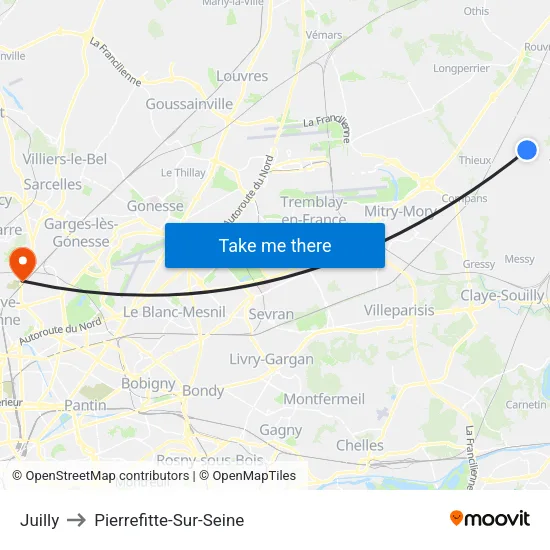 Juilly to Pierrefitte-Sur-Seine map