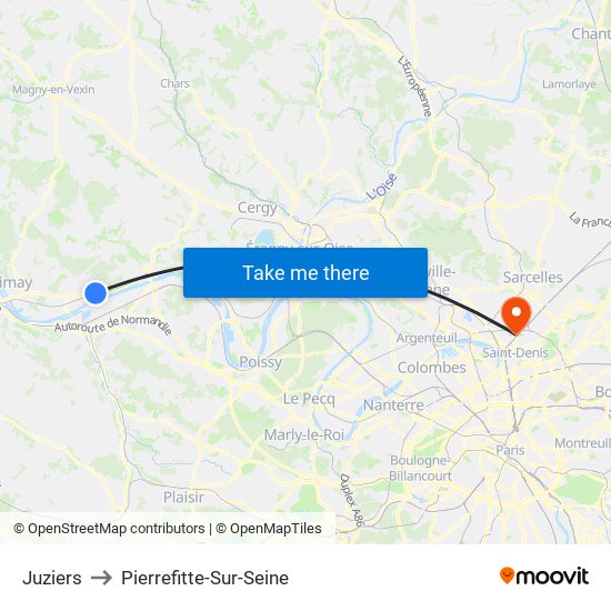 Juziers to Pierrefitte-Sur-Seine map