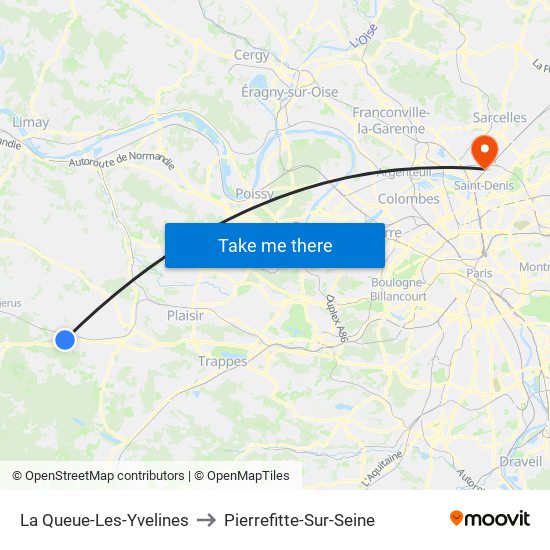 La Queue-Les-Yvelines to Pierrefitte-Sur-Seine map