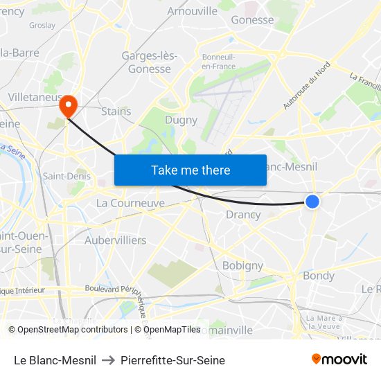 Le Blanc-Mesnil to Pierrefitte-Sur-Seine map