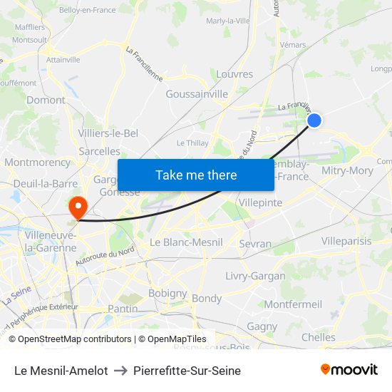 Le Mesnil-Amelot to Pierrefitte-Sur-Seine map