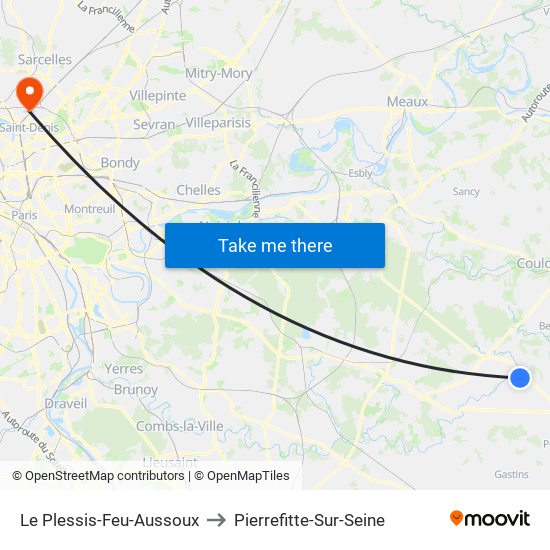 Le Plessis-Feu-Aussoux to Pierrefitte-Sur-Seine map