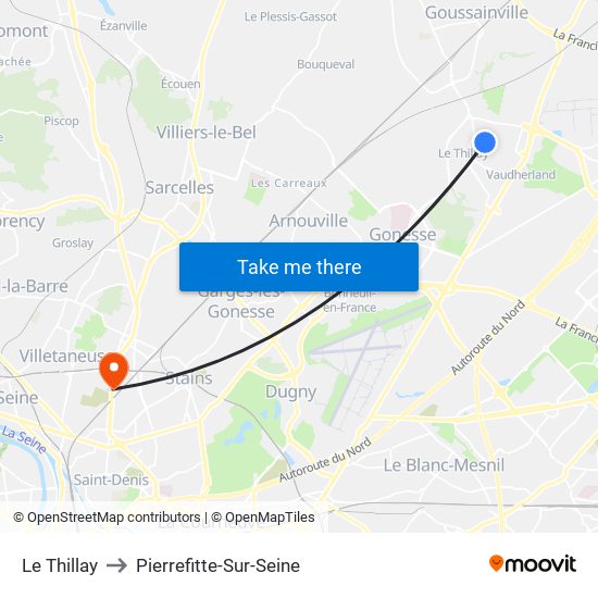 Le Thillay to Pierrefitte-Sur-Seine map