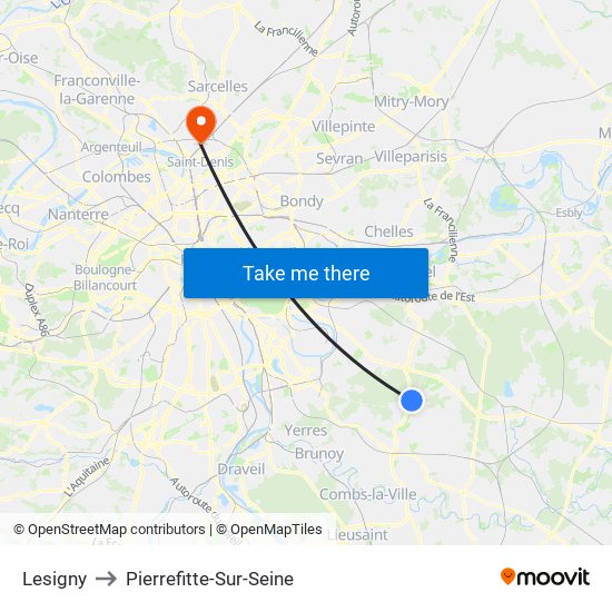 Lesigny to Pierrefitte-Sur-Seine map