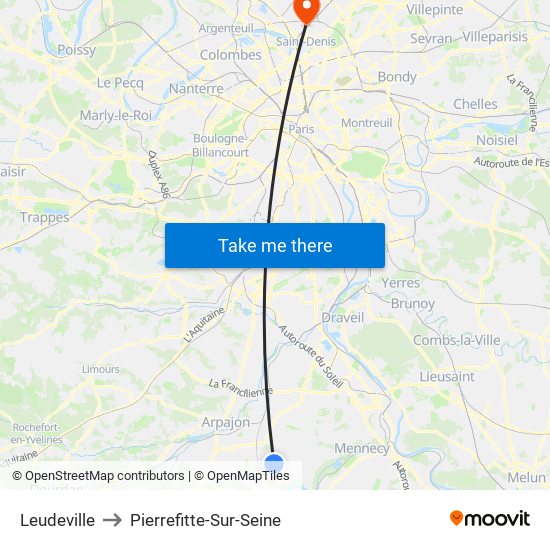 Leudeville to Pierrefitte-Sur-Seine map