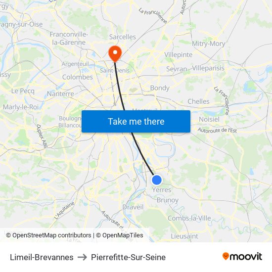 Limeil-Brevannes to Pierrefitte-Sur-Seine map