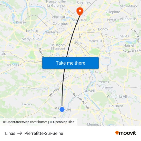 Linas to Pierrefitte-Sur-Seine map