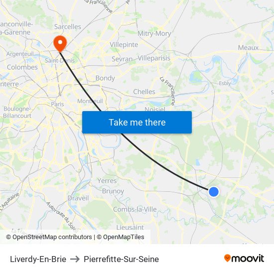 Liverdy-En-Brie to Pierrefitte-Sur-Seine map