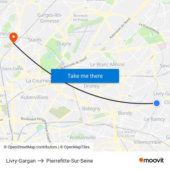 Livry-Gargan to Pierrefitte-Sur-Seine map