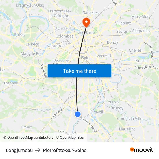 Longjumeau to Pierrefitte-Sur-Seine map