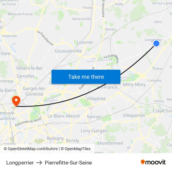 Longperrier to Pierrefitte-Sur-Seine map