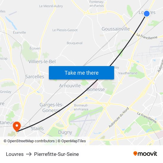 Louvres to Pierrefitte-Sur-Seine map