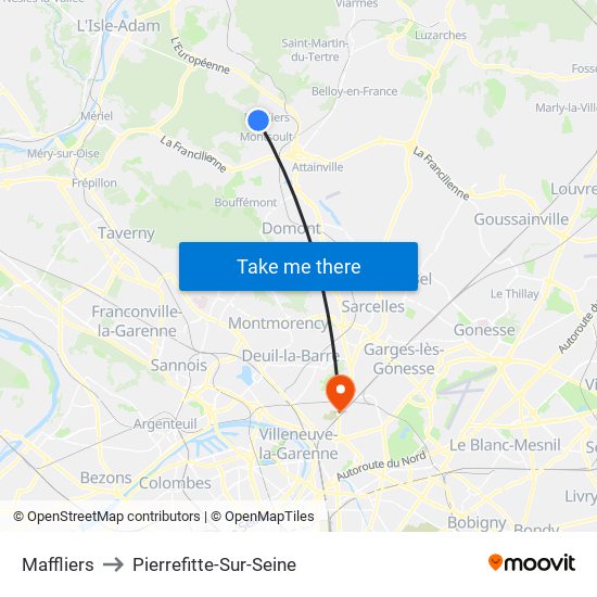 Maffliers to Pierrefitte-Sur-Seine map