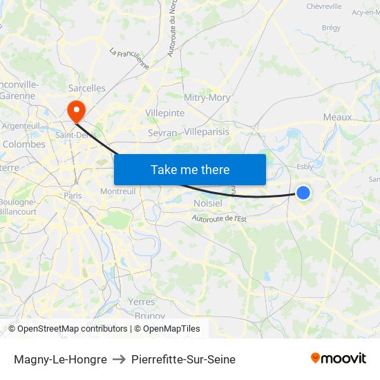 Magny-Le-Hongre to Pierrefitte-Sur-Seine map