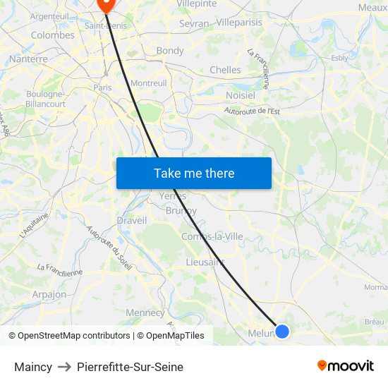 Maincy to Pierrefitte-Sur-Seine map