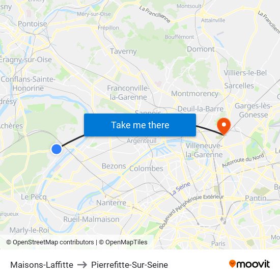 Maisons-Laffitte to Pierrefitte-Sur-Seine map