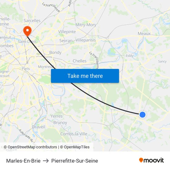 Marles-En-Brie to Pierrefitte-Sur-Seine map