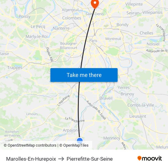 Marolles-En-Hurepoix to Pierrefitte-Sur-Seine map