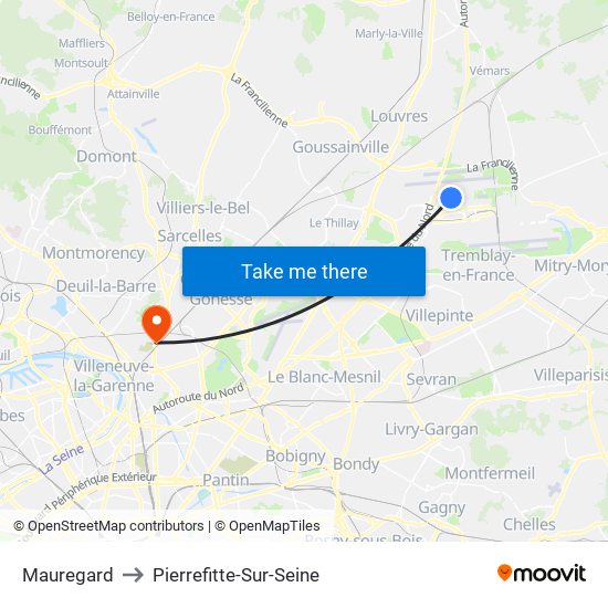 Mauregard to Pierrefitte-Sur-Seine map
