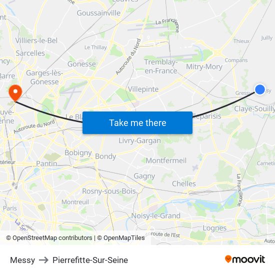 Messy to Pierrefitte-Sur-Seine map