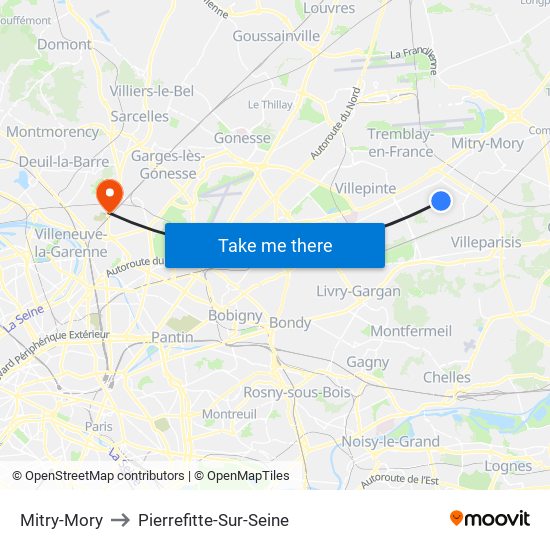 Mitry-Mory to Pierrefitte-Sur-Seine map