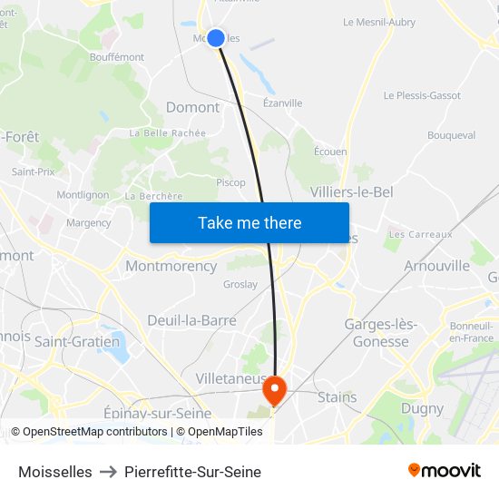 Moisselles to Pierrefitte-Sur-Seine map