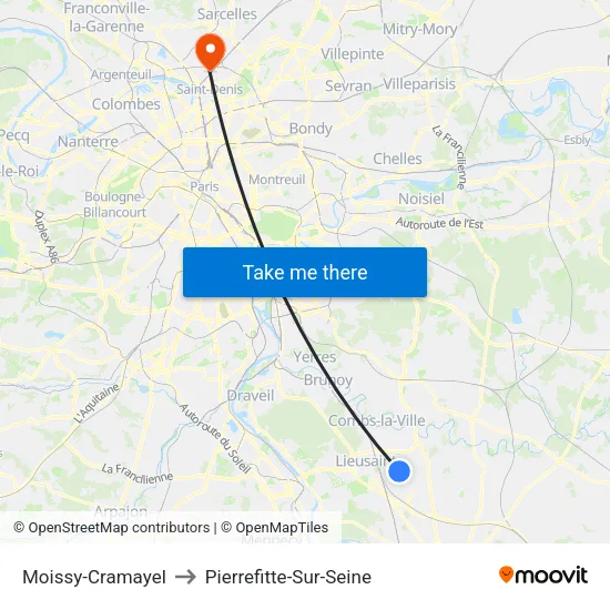 Moissy-Cramayel to Pierrefitte-Sur-Seine map