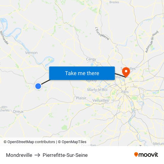 Mondreville to Pierrefitte-Sur-Seine map