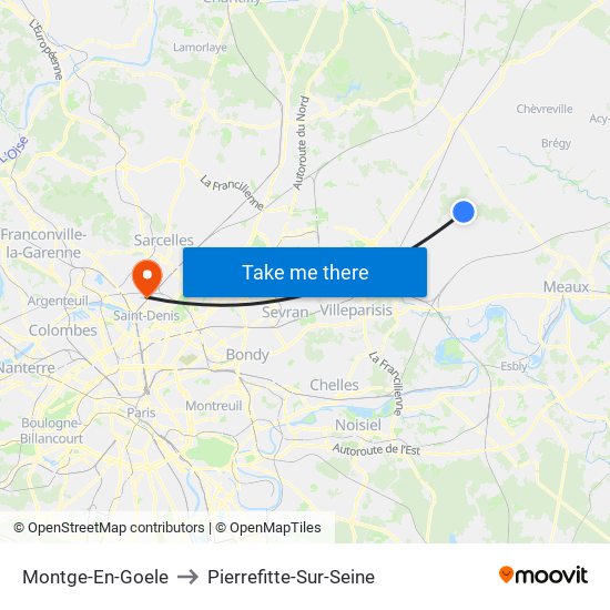 Montge-En-Goele to Pierrefitte-Sur-Seine map