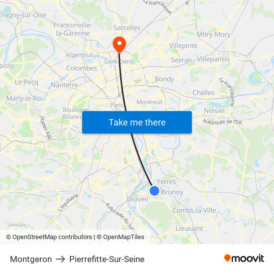 Montgeron to Pierrefitte-Sur-Seine map