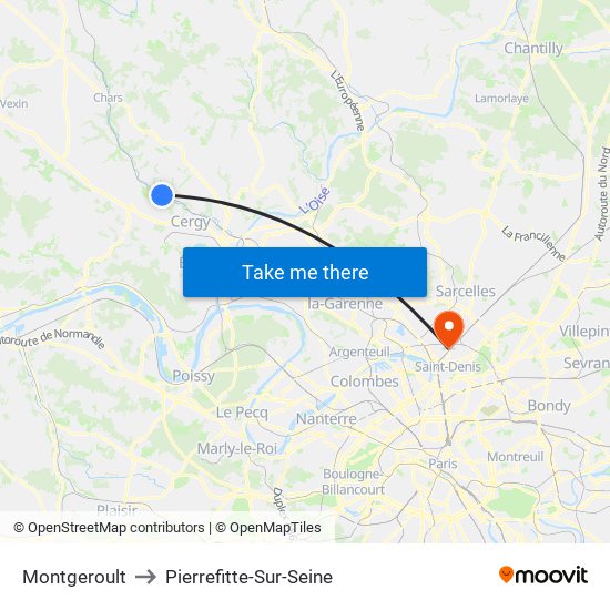 Montgeroult to Pierrefitte-Sur-Seine map