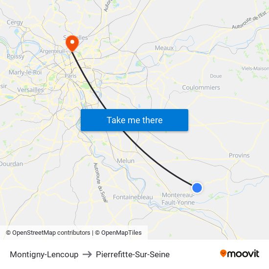 Montigny-Lencoup to Pierrefitte-Sur-Seine map