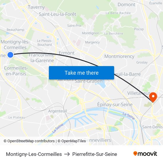 Montigny-Les-Cormeilles to Pierrefitte-Sur-Seine map