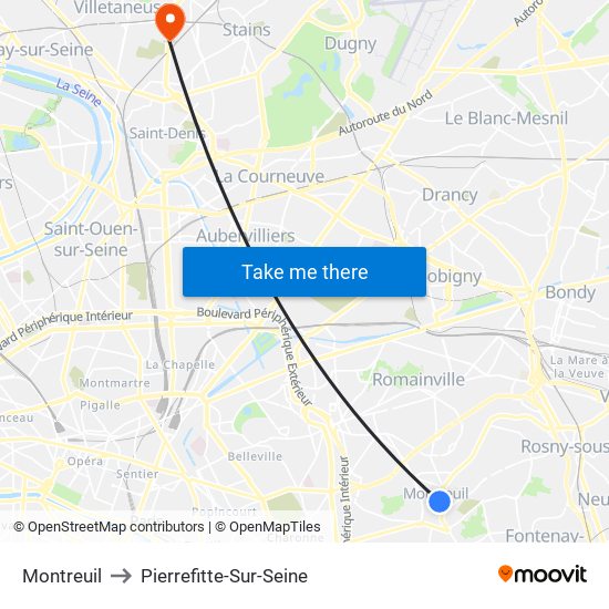 Montreuil to Pierrefitte-Sur-Seine map