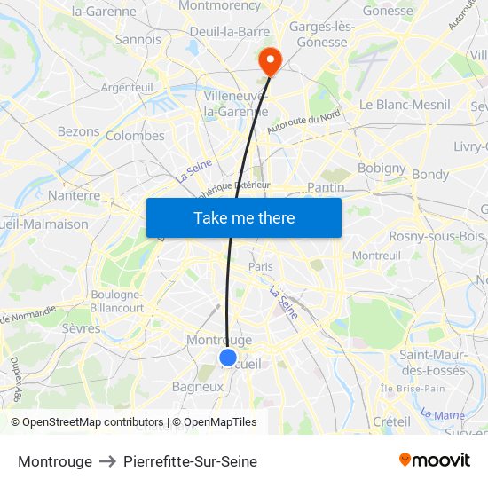 Montrouge to Pierrefitte-Sur-Seine map