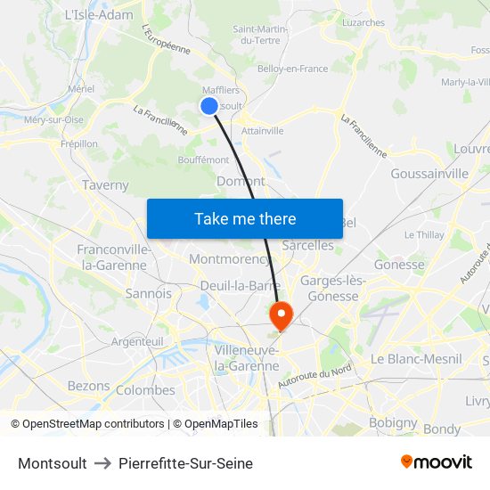 Montsoult to Pierrefitte-Sur-Seine map