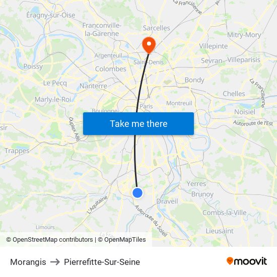 Morangis to Pierrefitte-Sur-Seine map