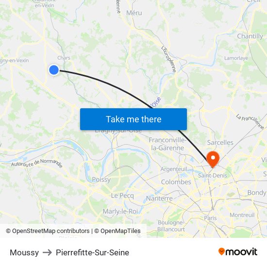 Moussy to Pierrefitte-Sur-Seine map