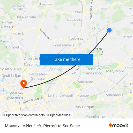 Moussy-Le-Neuf to Pierrefitte-Sur-Seine map