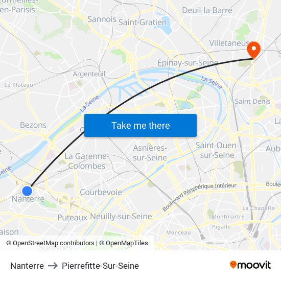 Nanterre to Pierrefitte-Sur-Seine map