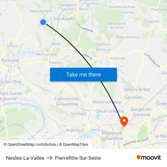 Nesles-La-Vallee to Pierrefitte-Sur-Seine map