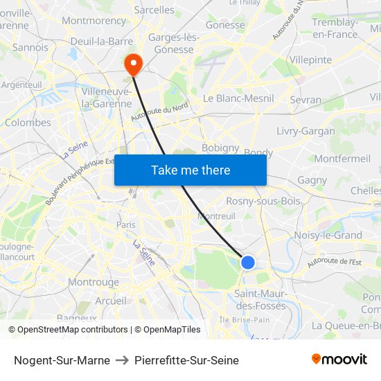 Nogent-Sur-Marne to Pierrefitte-Sur-Seine map