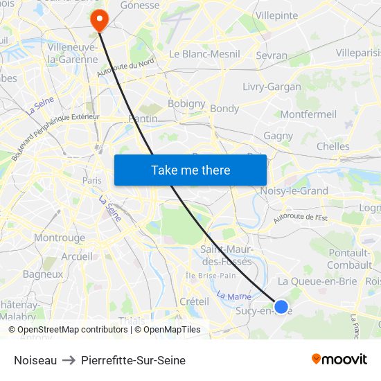 Noiseau to Pierrefitte-Sur-Seine map