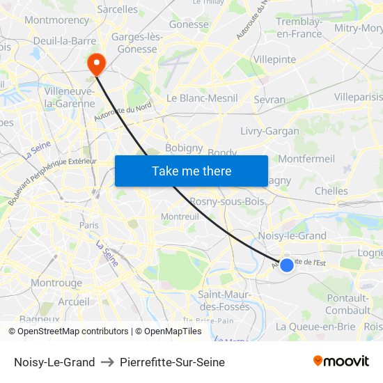 Noisy-Le-Grand to Pierrefitte-Sur-Seine map