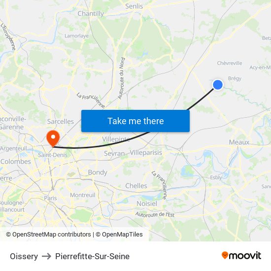 Oissery to Pierrefitte-Sur-Seine map