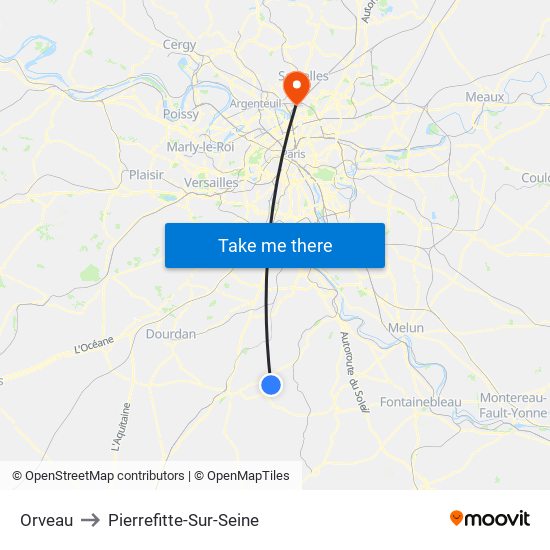 Orveau to Pierrefitte-Sur-Seine map