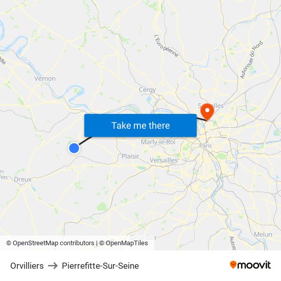 Orvilliers to Pierrefitte-Sur-Seine map