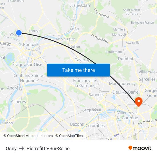 Osny to Pierrefitte-Sur-Seine map