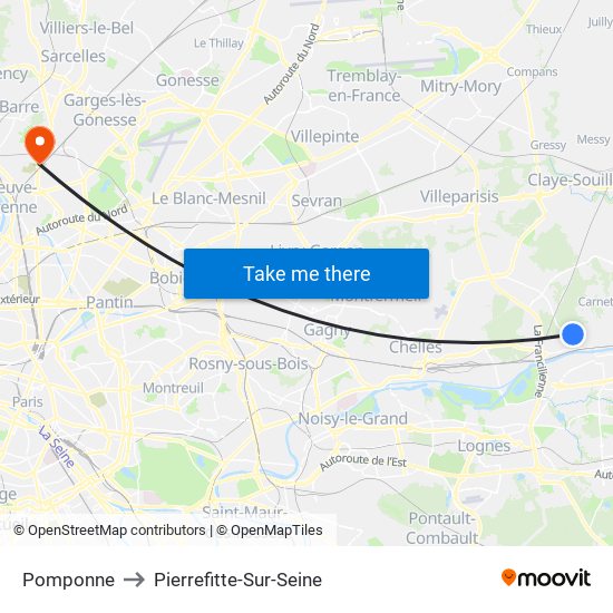 Pomponne to Pierrefitte-Sur-Seine map